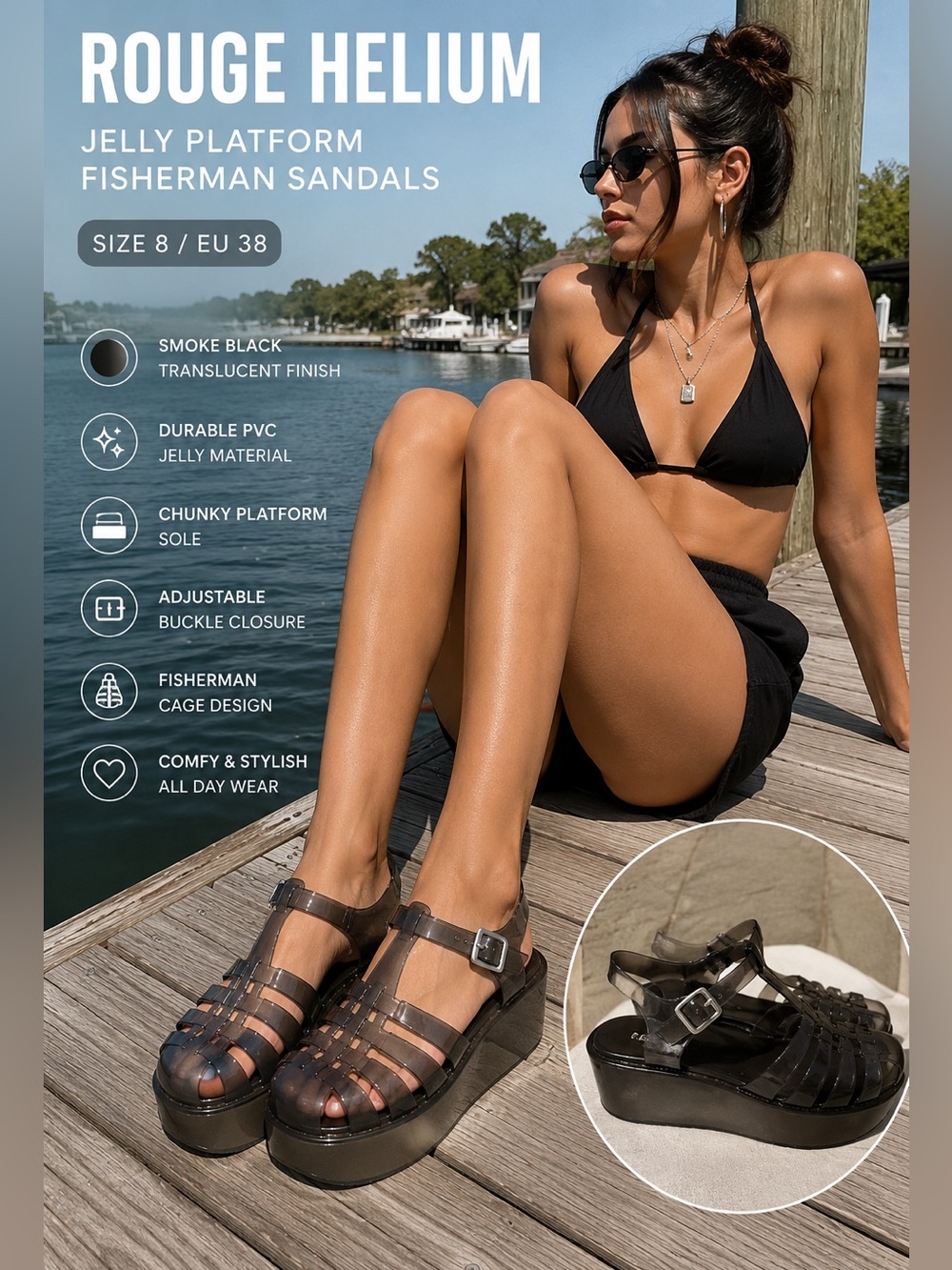 Rouge Helium Smoke Black Jelly Platform Fisherman Sandals